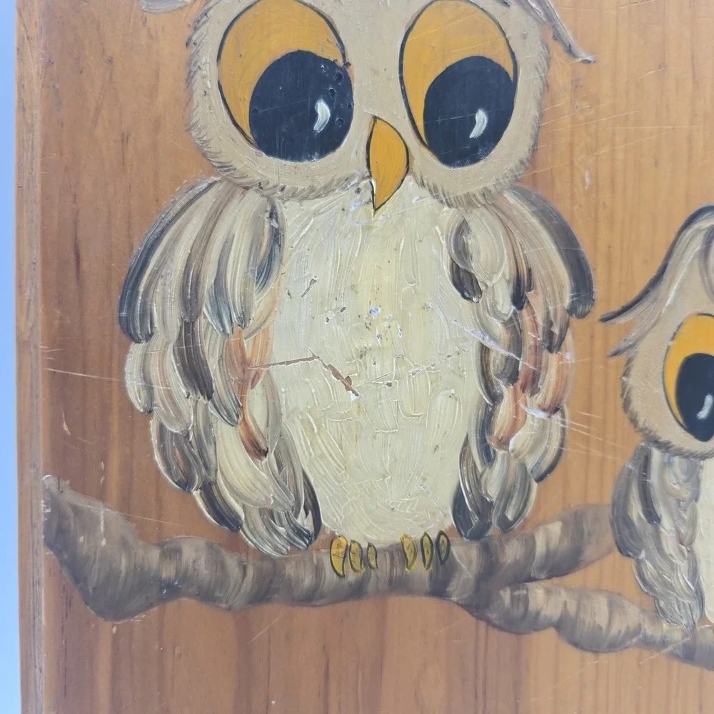 VTG 70's Hand Painted Owls Cutting Board Wooden Wall Decor Signed Grannycore MCM